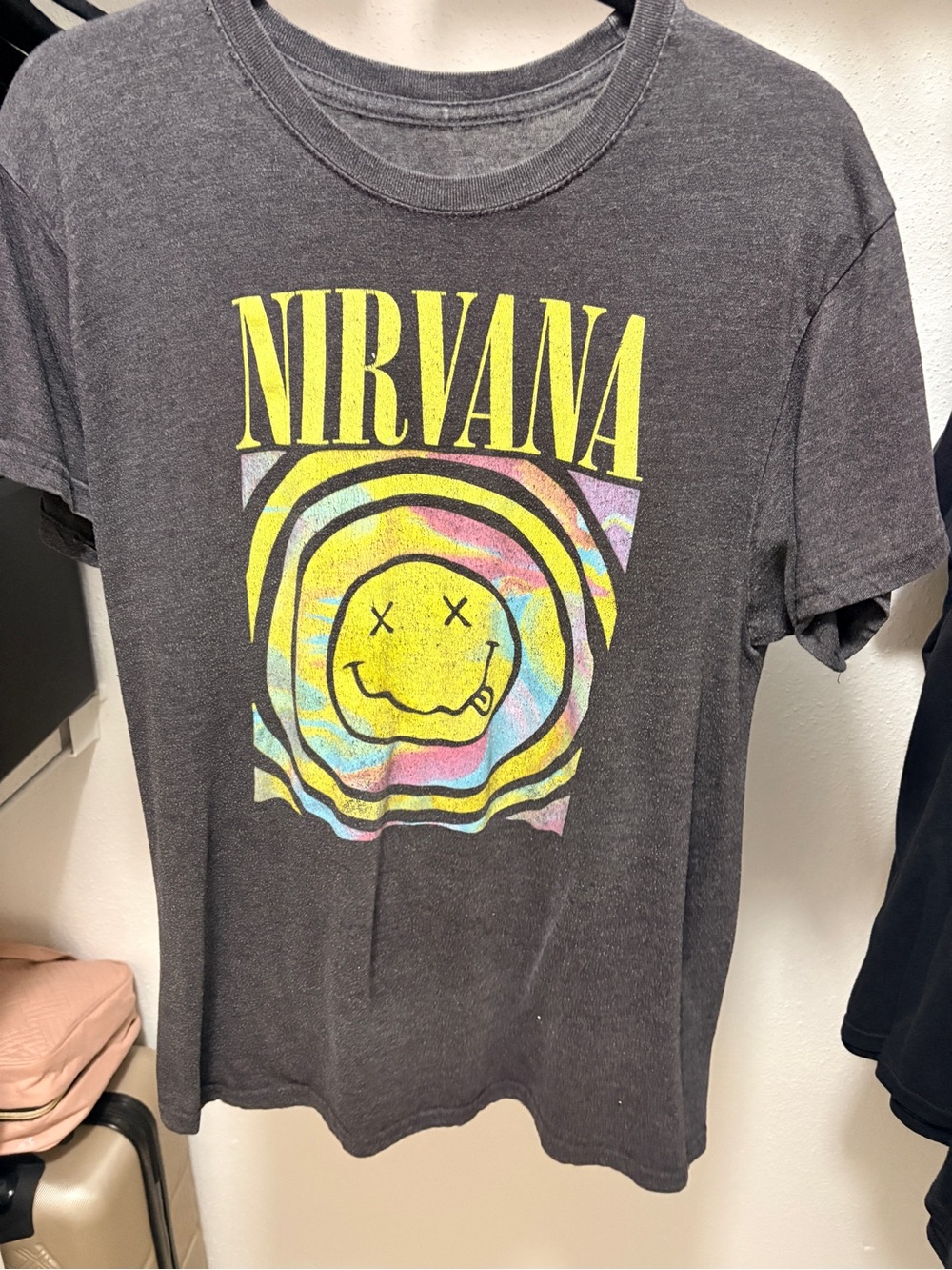 NIRVANA Gray Short Sleeve Tee with Yellow Logo and Pastel Multicolor Graphic